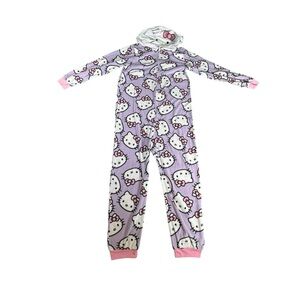 Hello Kitty Kids Onesie Pajamas L 10/12 Hooded Zip Fleece Purple Pink